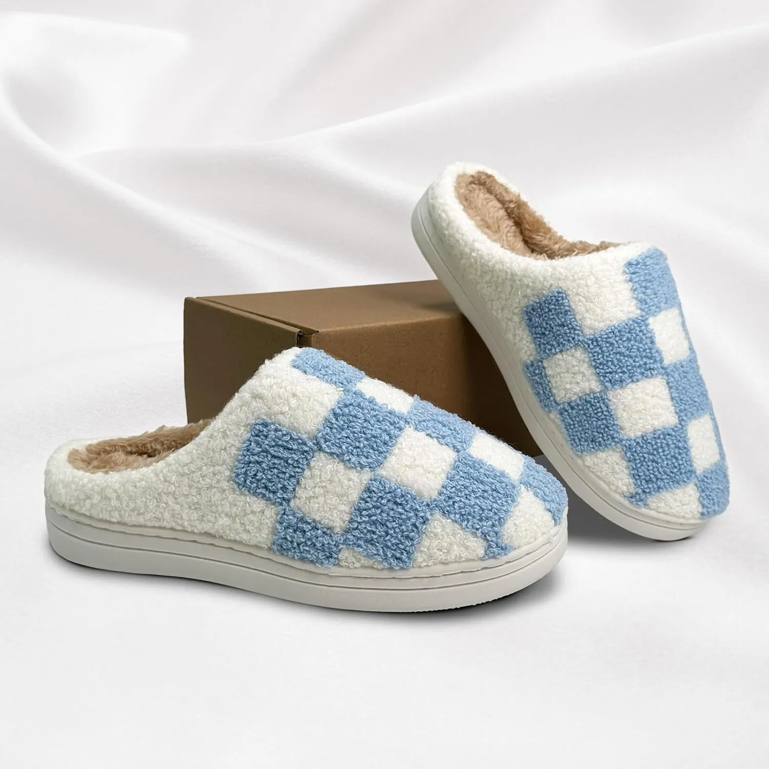 Women's Checkered Memory Foam Slippers - Soft Fuzzy Indoor & Outdoor Cute Casual Slippers