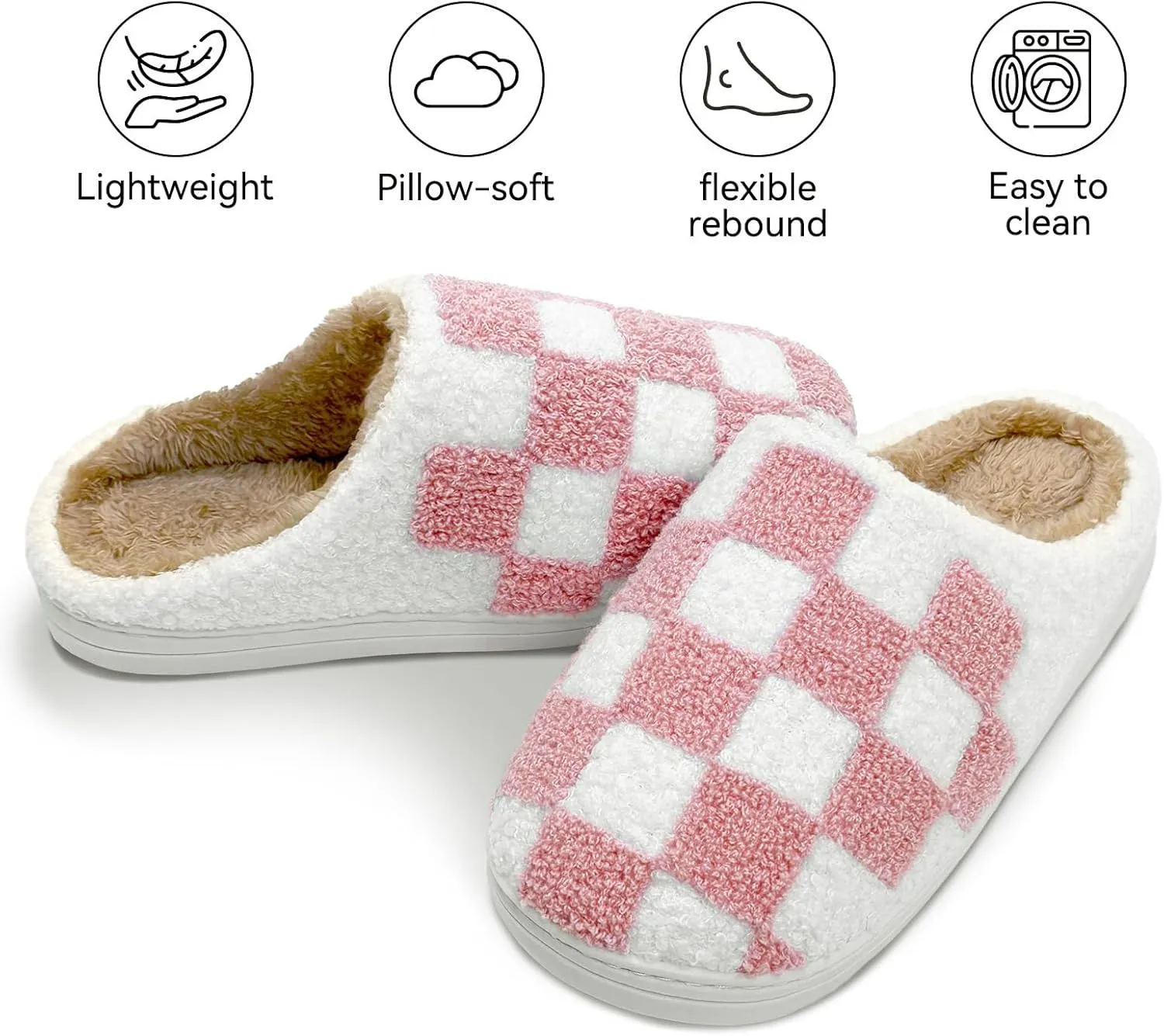 Women's Checkered Memory Foam Slippers - Soft Fuzzy Indoor & Outdoor Cute Casual Slippers