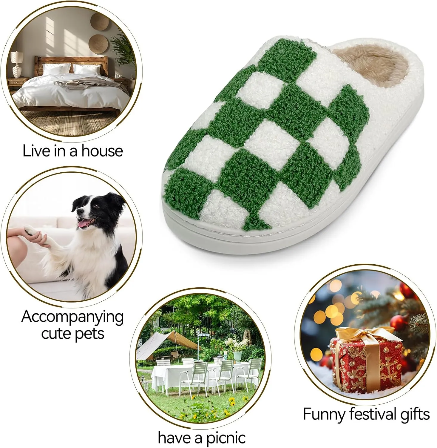 Women's Checkered Memory Foam Slippers - Soft Fuzzy Indoor & Outdoor Cute Casual Slippers