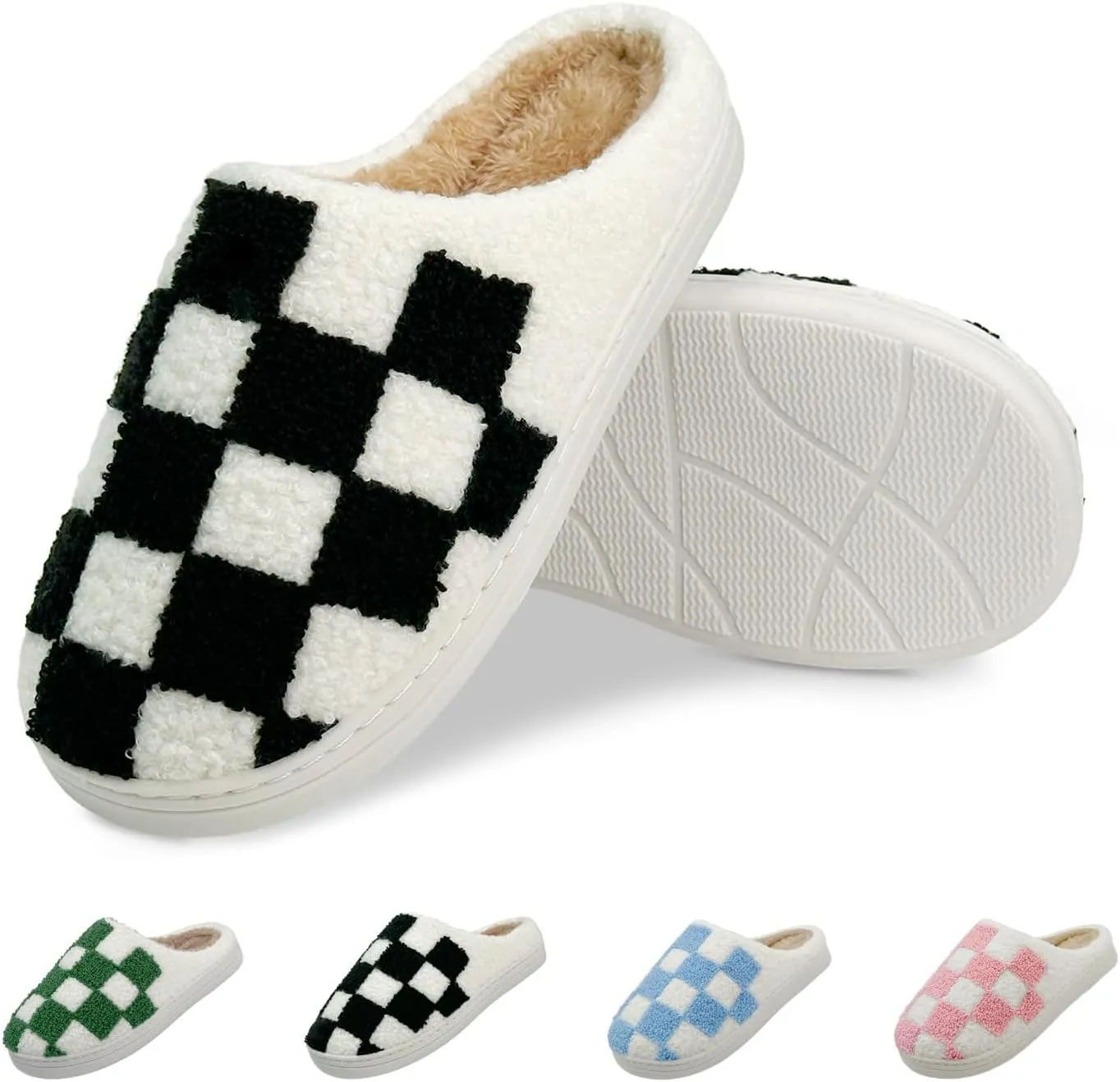 Women's Checkered Memory Foam Slippers - Soft Fuzzy Indoor & Outdoor Cute Casual Slippers