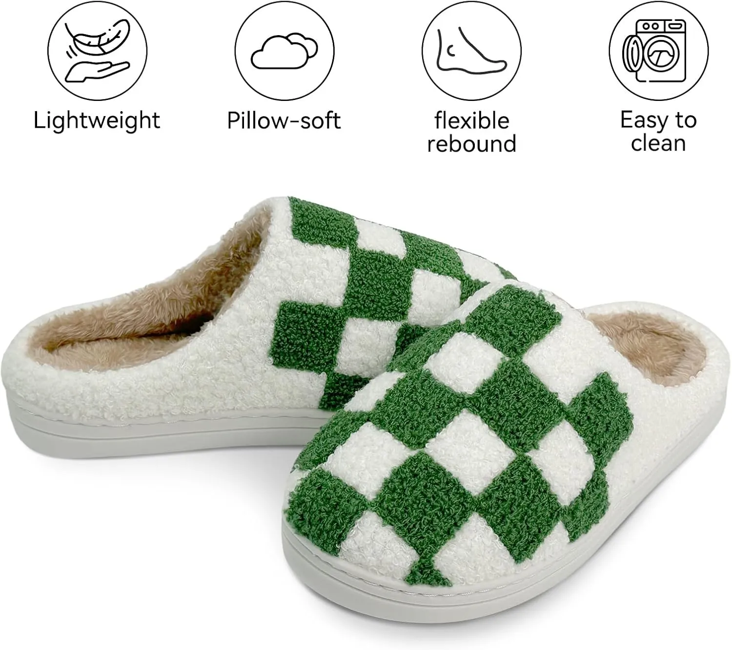 Women's Checkered Memory Foam Slippers - Soft Fuzzy Indoor & Outdoor Cute Casual Slippers