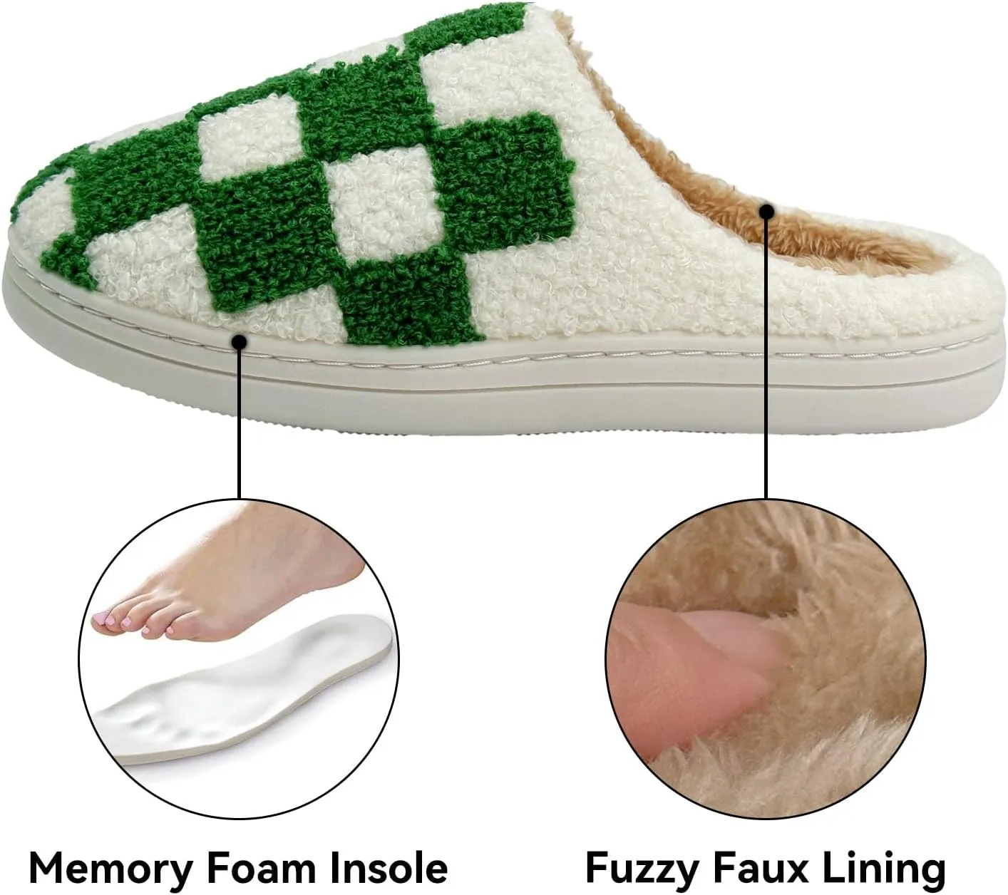 Women's Checkered Memory Foam Slippers - Soft Fuzzy Indoor & Outdoor Cute Casual Slippers