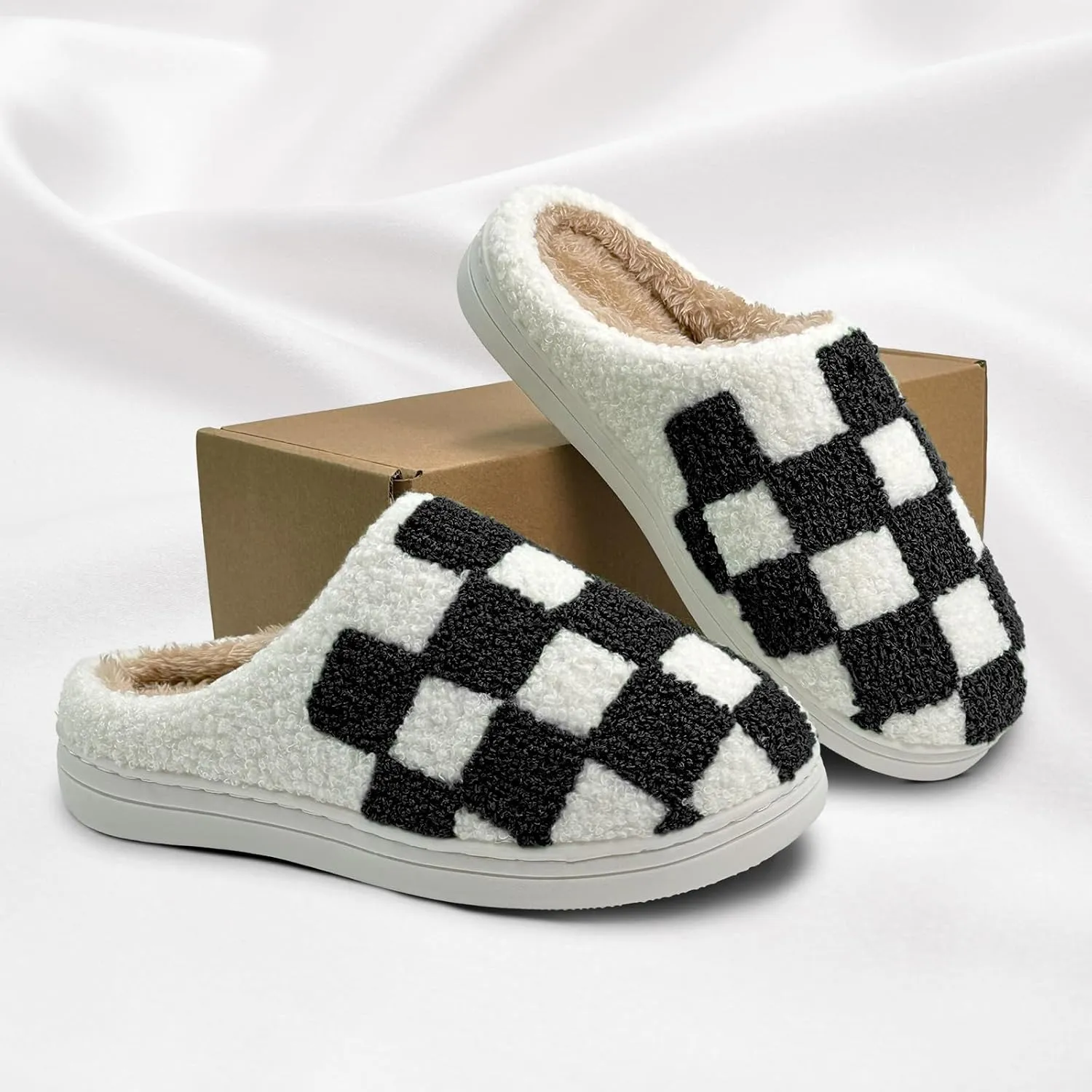 Women's Checkered Memory Foam Slippers - Soft Fuzzy Indoor & Outdoor Cute Casual Slippers