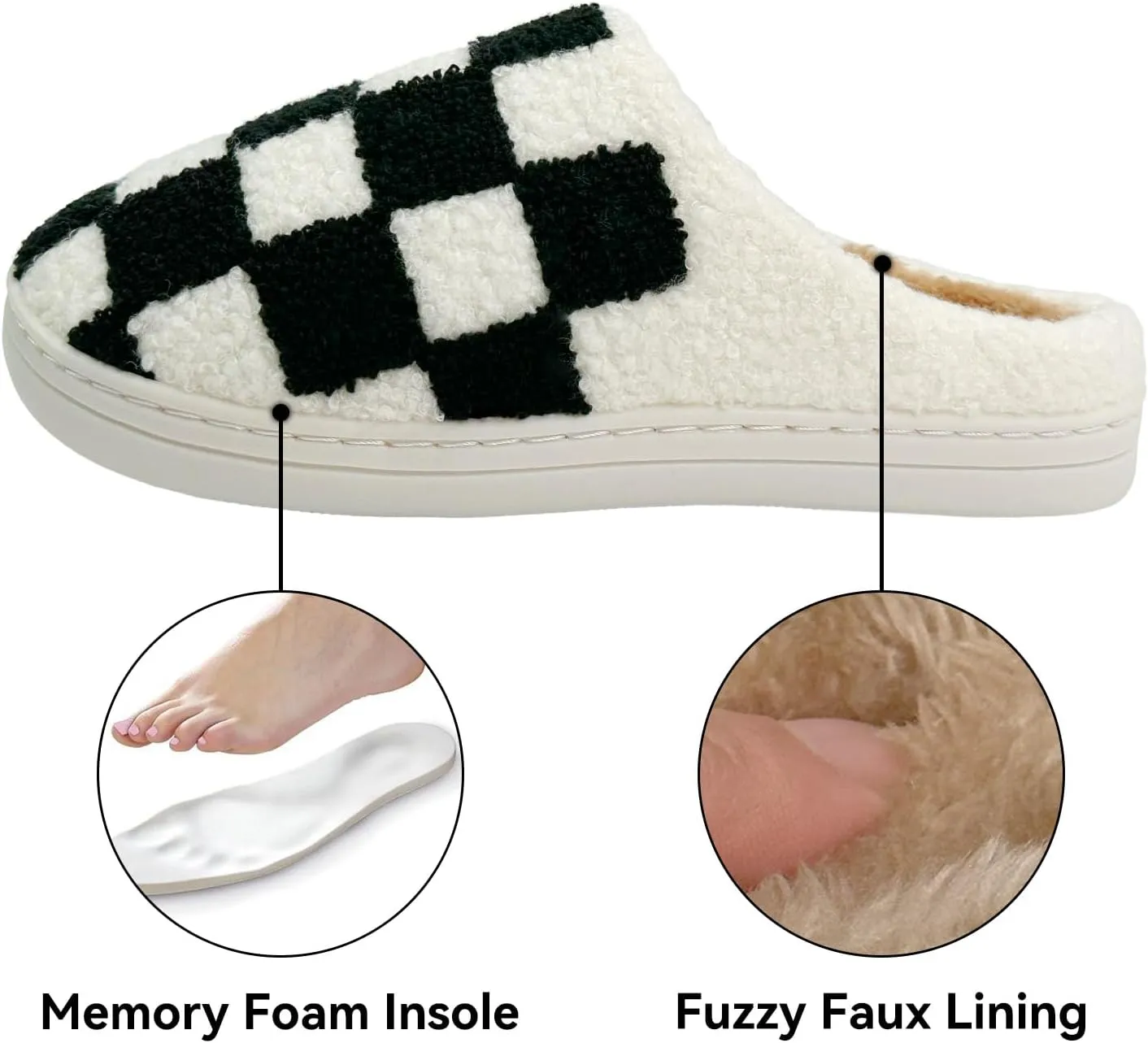 Women's Checkered Memory Foam Slippers - Soft Fuzzy Indoor & Outdoor Cute Casual Slippers