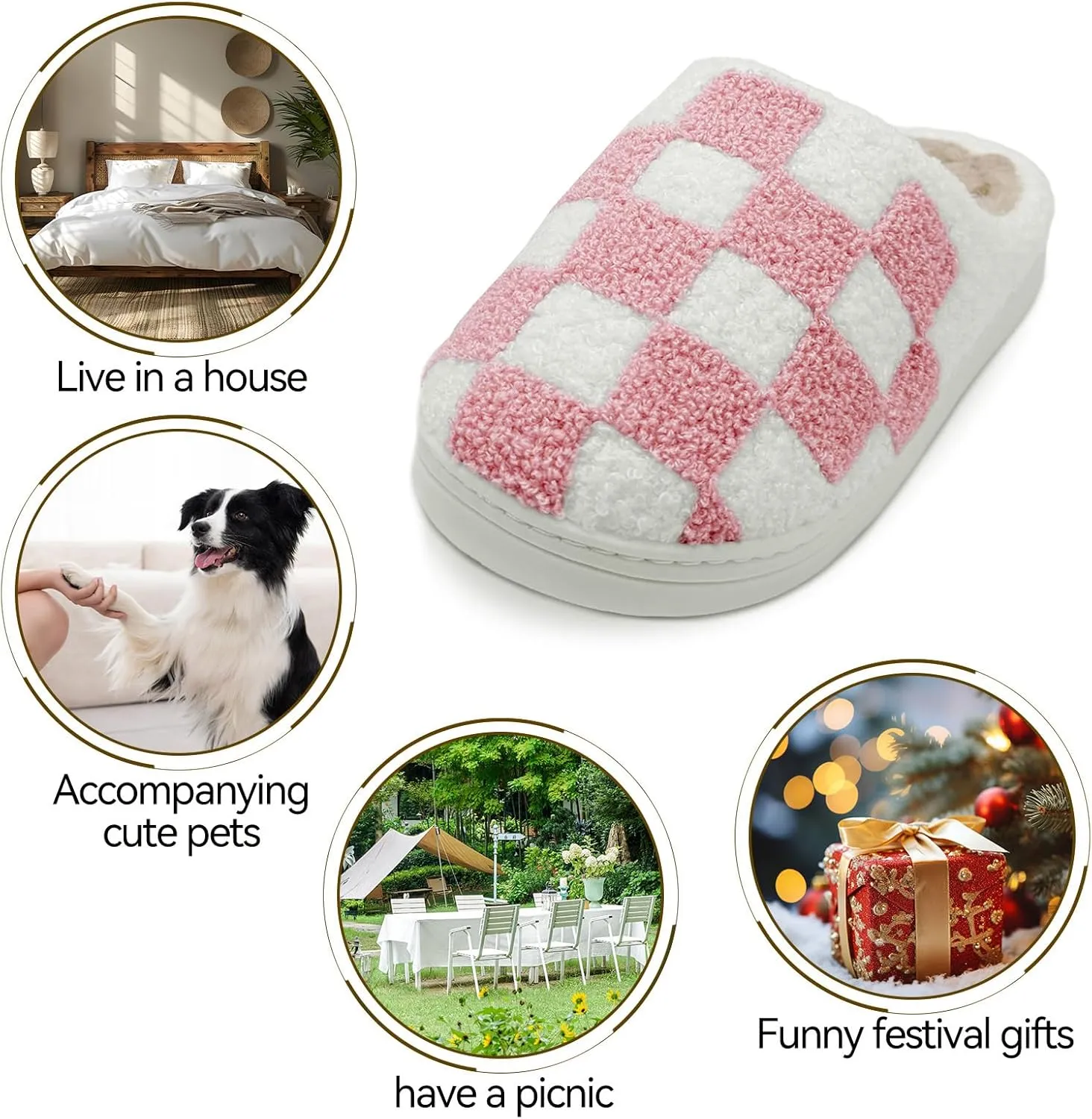 Women's Checkered Memory Foam Slippers - Soft Fuzzy Indoor & Outdoor Cute Casual Slippers