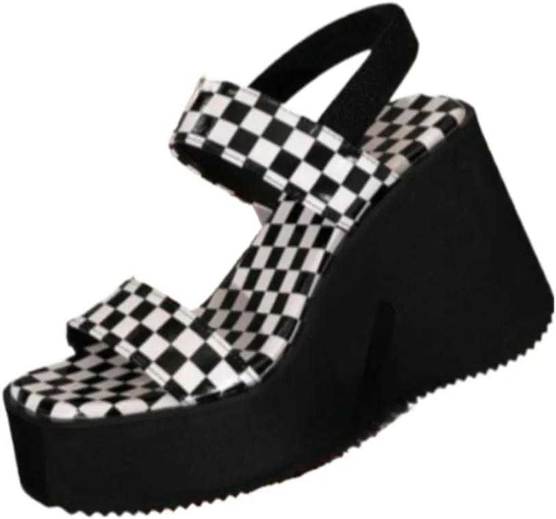 Women's Checkered Pattern Platform Heels Sandals Trendy Slip on Wedge Sandals Chic All-match Shoes for Daily Wear Casual Walking Slides No Slip Thick Sole with Arch Support Summer Party Vacation