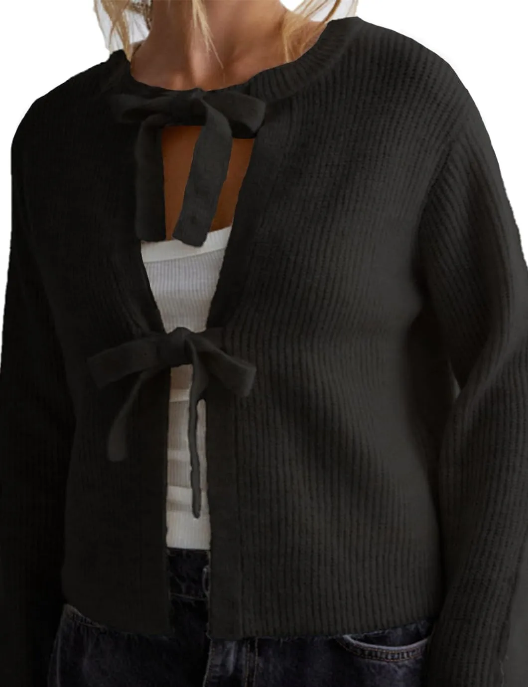 Women's Cropped Ribbed Knit Cardigan Long Sleeve Bow Tie Front Open Front Knitwear Tops