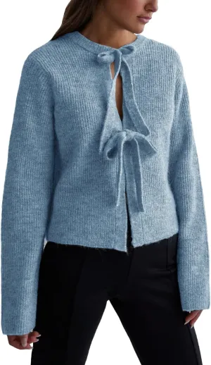 Women's Cropped Ribbed Knit Cardigan Long Sleeve Bow Tie Front Open Front Knitwear Tops