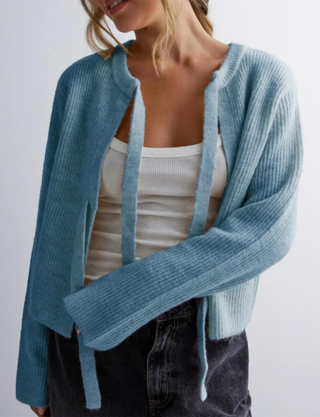 Women's Cropped Ribbed Knit Cardigan Long Sleeve Bow Tie Front Open Front Knitwear Tops