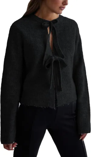 Women's Cropped Ribbed Knit Cardigan Long Sleeve Bow Tie Front Open Front Knitwear Tops