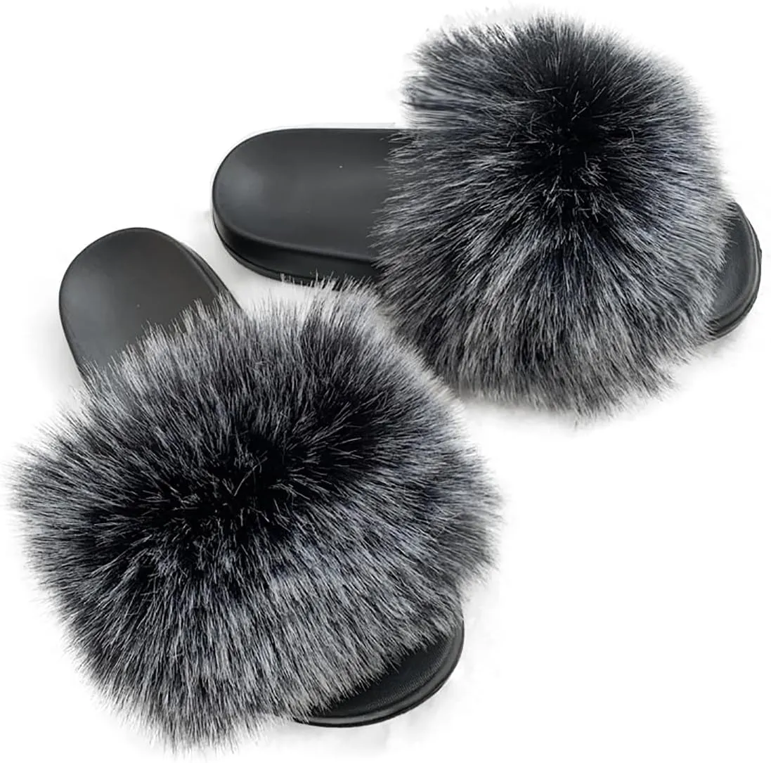 Women's Faux Fur Slides Fluffy Furry Open Toe Slippers Fuzzy Non-Slip Outdoor Sandals