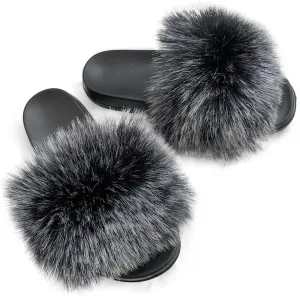 Women's Faux Fur Slides Fluffy Furry Open Toe Slippers Fuzzy Non-Slip Outdoor Sandals