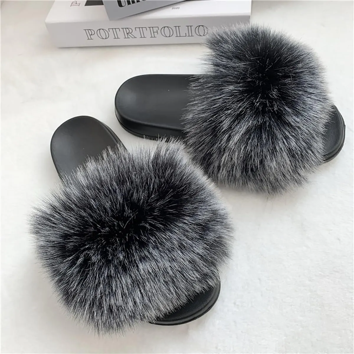 Women's Faux Fur Slides Fluffy Furry Open Toe Slippers Fuzzy Non-Slip Outdoor Sandals