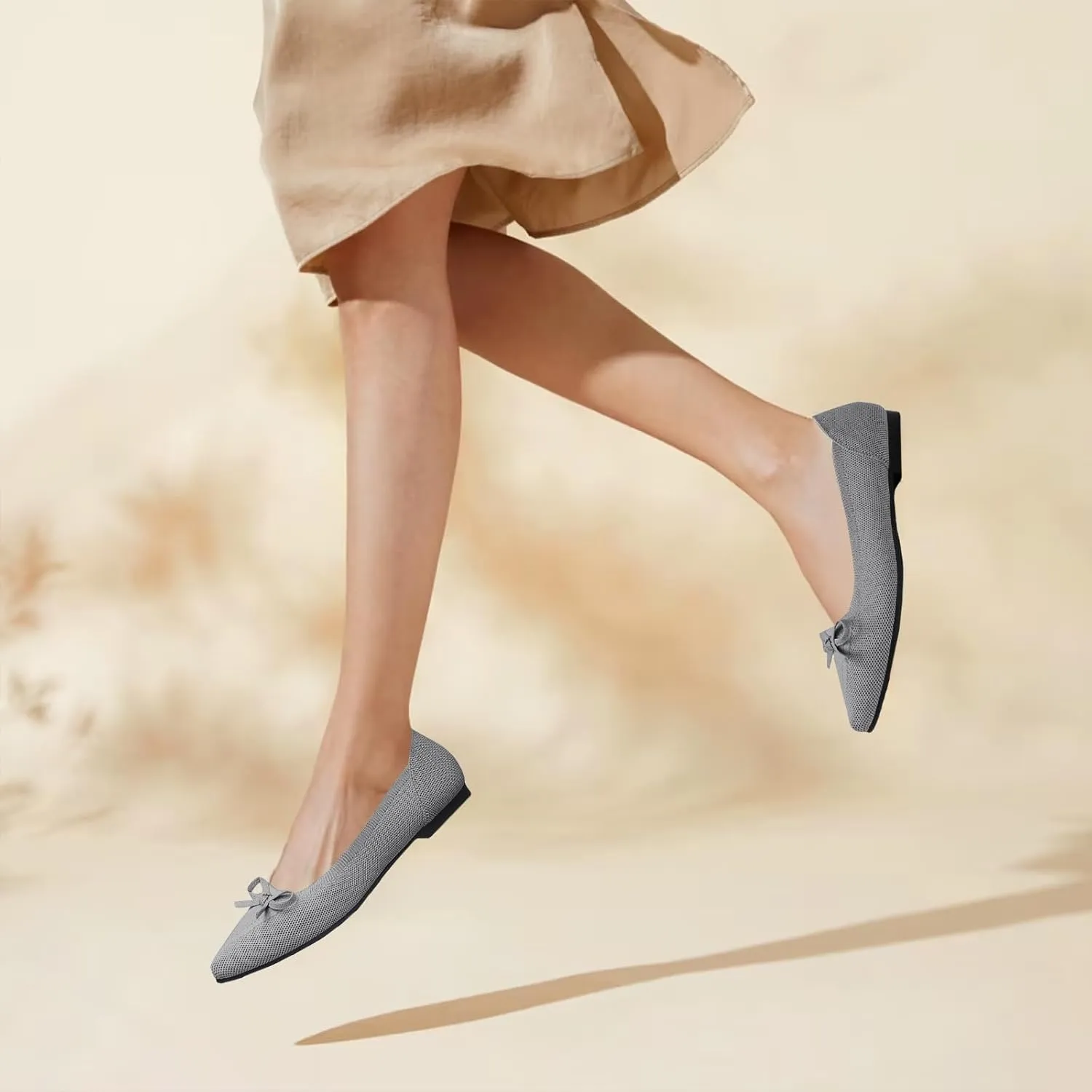 Women's Flats Pointed Toe Bow Knit Ballet Shoes Comfortable Dressy Mesh Slip On Flat