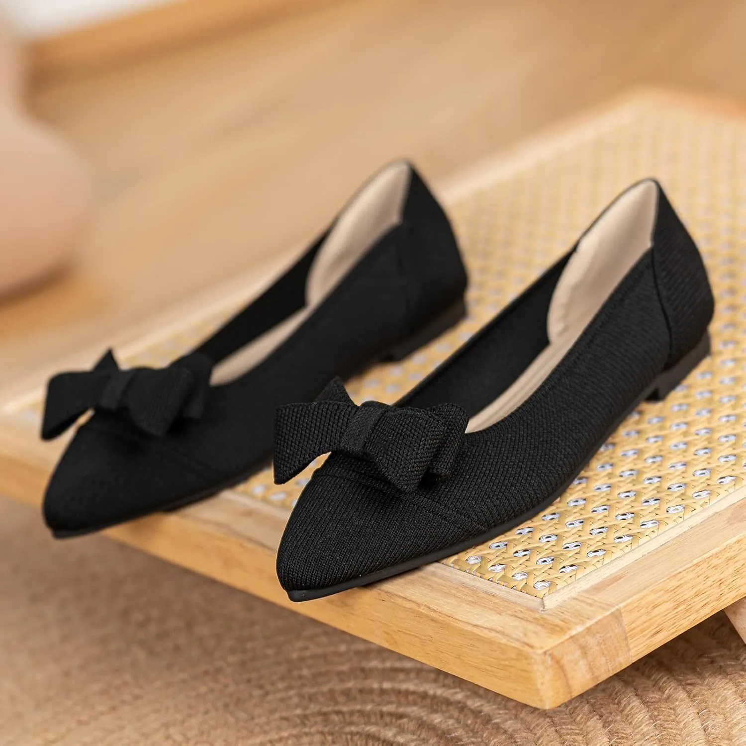 Women's Flats Shoes Comfortable Slip On Shoes Classic Dressy Pointed Toe Bow Knit Ballet Flat