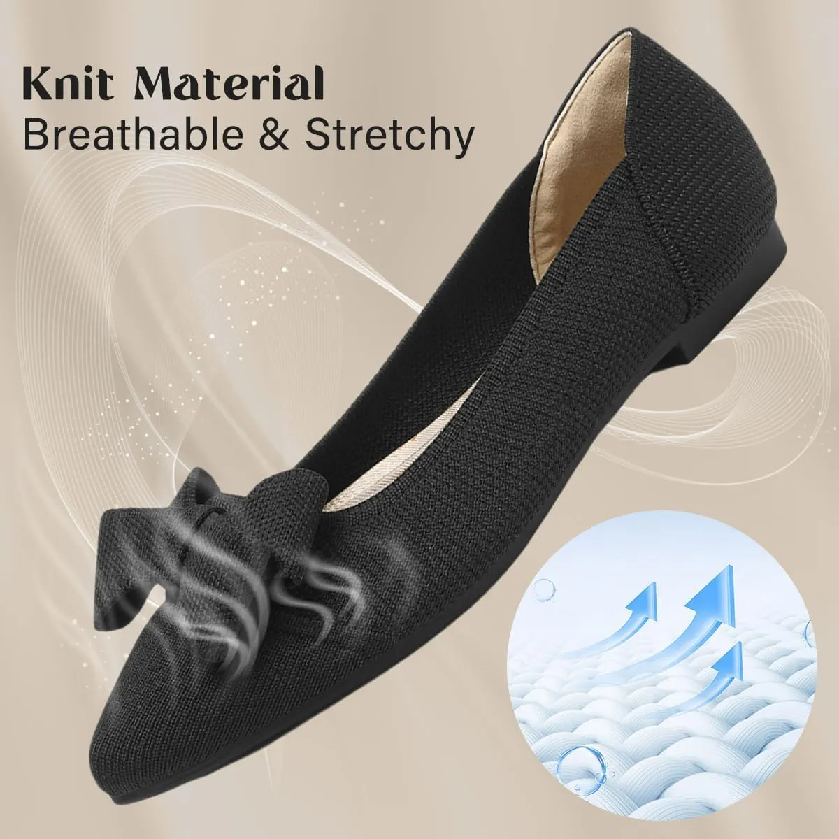 Women's Flats Shoes Comfortable Slip On Shoes Classic Dressy Pointed Toe Bow Knit Ballet Flat
