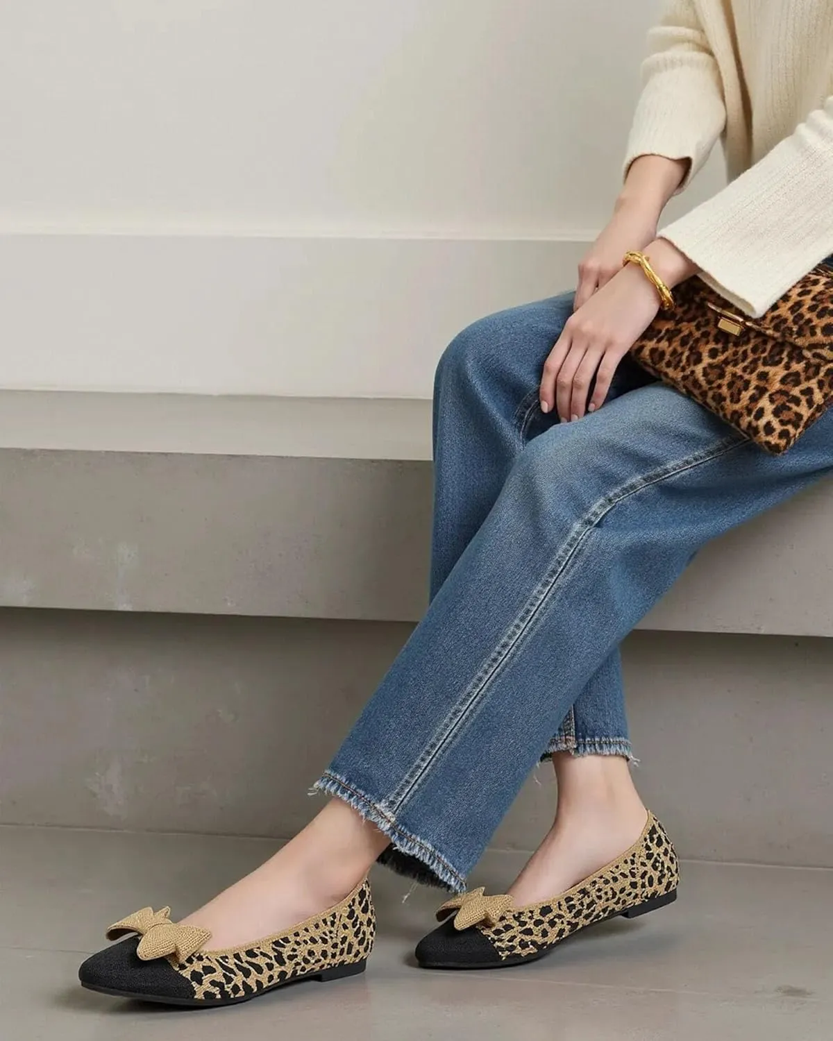 Women's Flats Shoes Comfortable Slip On Shoes Classic Dressy Pointed Toe Bow Knit Ballet Flat