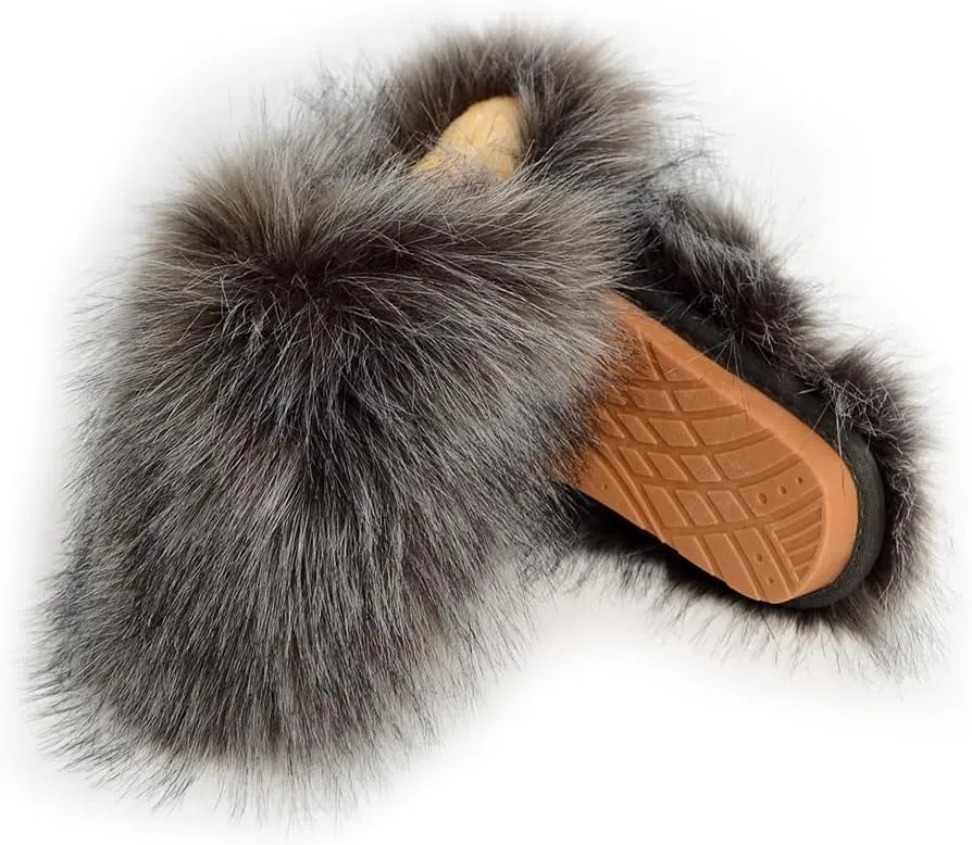 Womens Fluffy Faux Fur Slides Furry Soft Plush House Slippers Shoes Indoor Outdoor Slip On Slipper