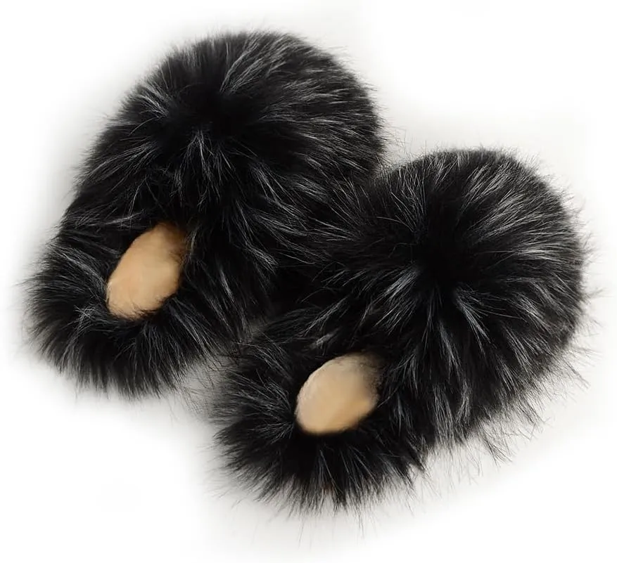 Womens Fluffy Faux Fur Slides Furry Soft Plush House Slippers Shoes Indoor Outdoor Slip On Slipper
