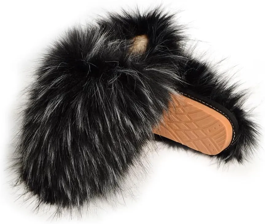 Womens Fluffy Faux Fur Slides Furry Soft Plush House Slippers Shoes Indoor Outdoor Slip On Slipper