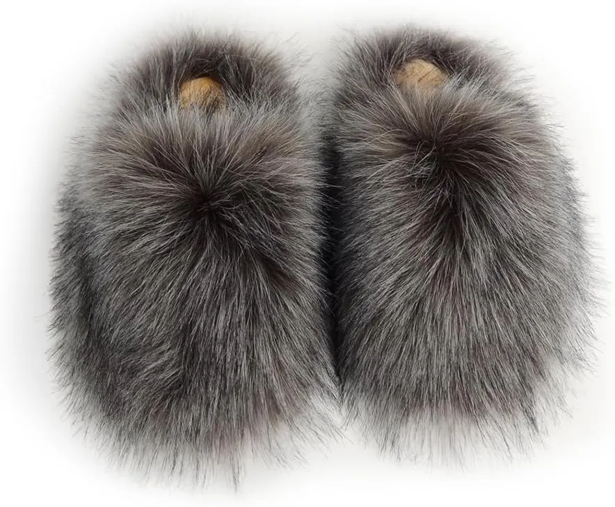 Womens Fluffy Faux Fur Slides Furry Soft Plush House Slippers Shoes Indoor Outdoor Slip On Slipper