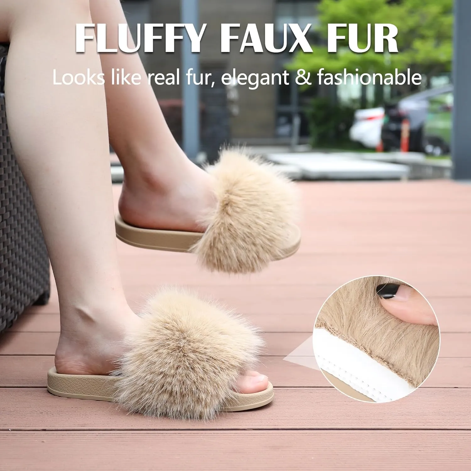 Women's Furry Slides Faux Fur Slides Fuzzy Slippers Fluffy Sandals Outdoor Indoor