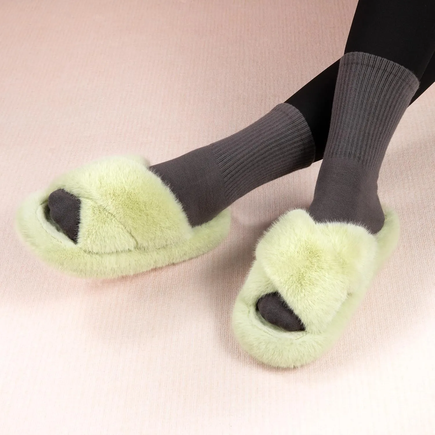 Women's Fuzzy Slippers House Slippers Memory Foam Bedroom Shoes Open Toe, Cross Band