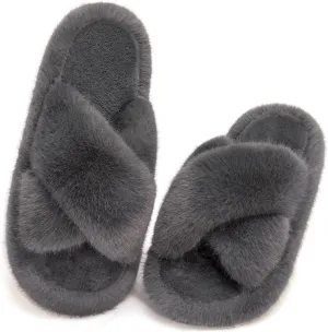 Women's Fuzzy Slippers House Slippers Memory Foam Bedroom Shoes Open Toe, Cross Band