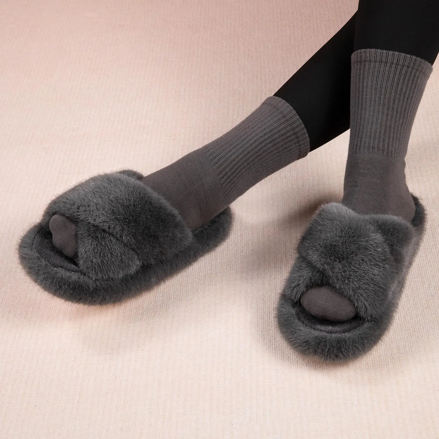 Women's Fuzzy Slippers House Slippers Memory Foam Bedroom Shoes Open Toe, Cross Band