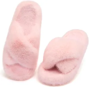 Women's Fuzzy Slippers House Slippers Memory Foam Bedroom Shoes Open Toe, Cross Band