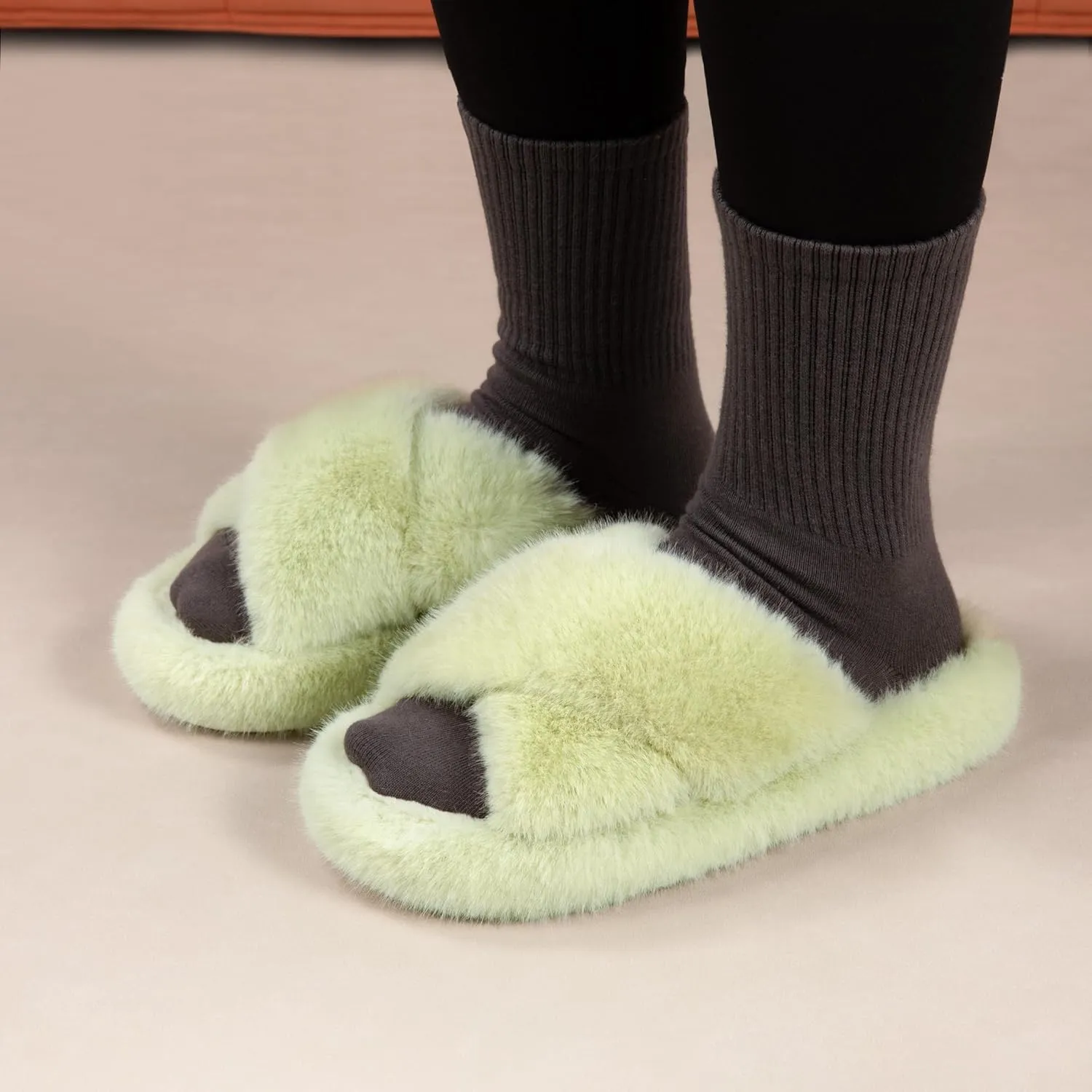 Women's Fuzzy Slippers House Slippers Memory Foam Bedroom Shoes Open Toe, Cross Band