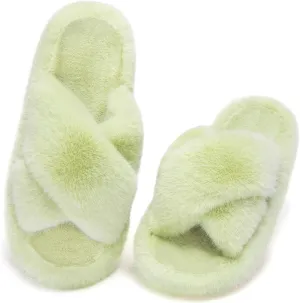 Women's Fuzzy Slippers Open Toe House Slippers Memery Foam Bedroom Slippers Cross Band Slippers for Indoor and Outdoor