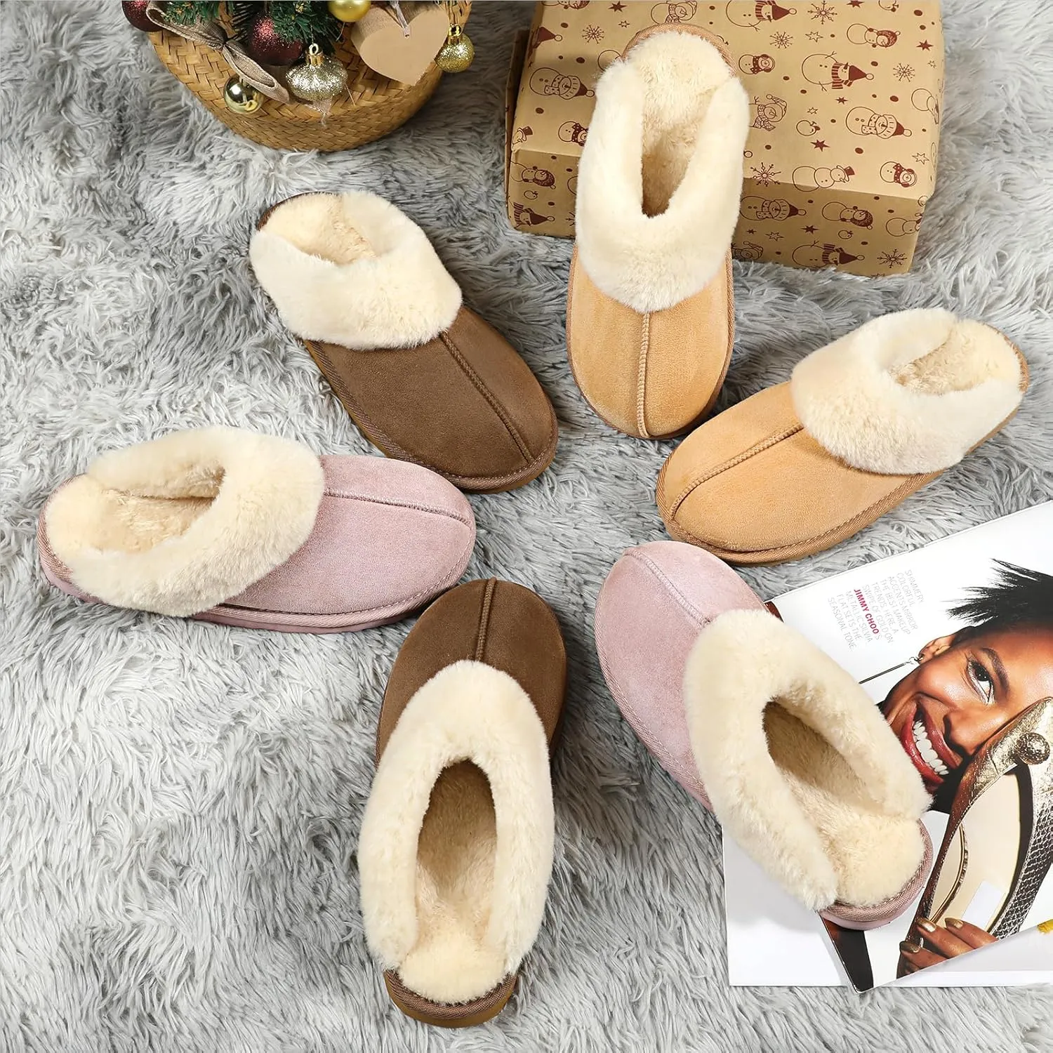 Women's Fuzzy Slippers, Warm and Cozy Slip On Fluffy Winter House Shoes for Women, Comfy Faux Suede Ladies House Slippers Indoor and Outdoor with Memory Foam