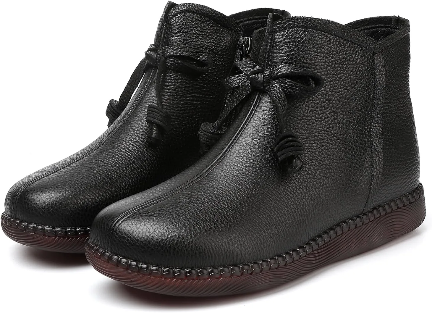 Women's Genuine Leather Bow-Knot Flat Ankle Boots Retro Velvet Lining Round Toe Side Zipper Beef Tendon Sole High Top Casual Shoes Comfortable Warm Walking Booties
