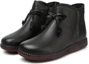 Women's Genuine Leather Bow-Knot Flat Ankle Boots Retro Velvet Lining Round Toe Side Zipper Beef Tendon Sole High Top Casual Shoes Comfortable Warm Walking Booties
