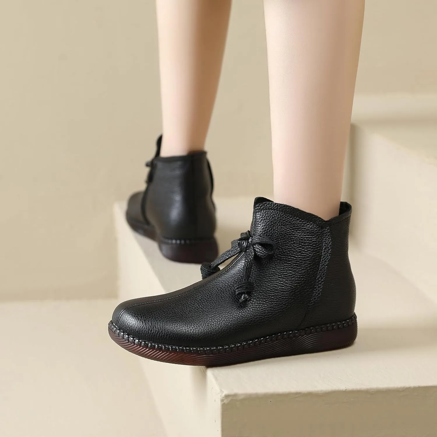 Women's Genuine Leather Bow-Knot Flat Ankle Boots Retro Velvet Lining Round Toe Side Zipper Beef Tendon Sole High Top Casual Shoes Comfortable Warm Walking Booties