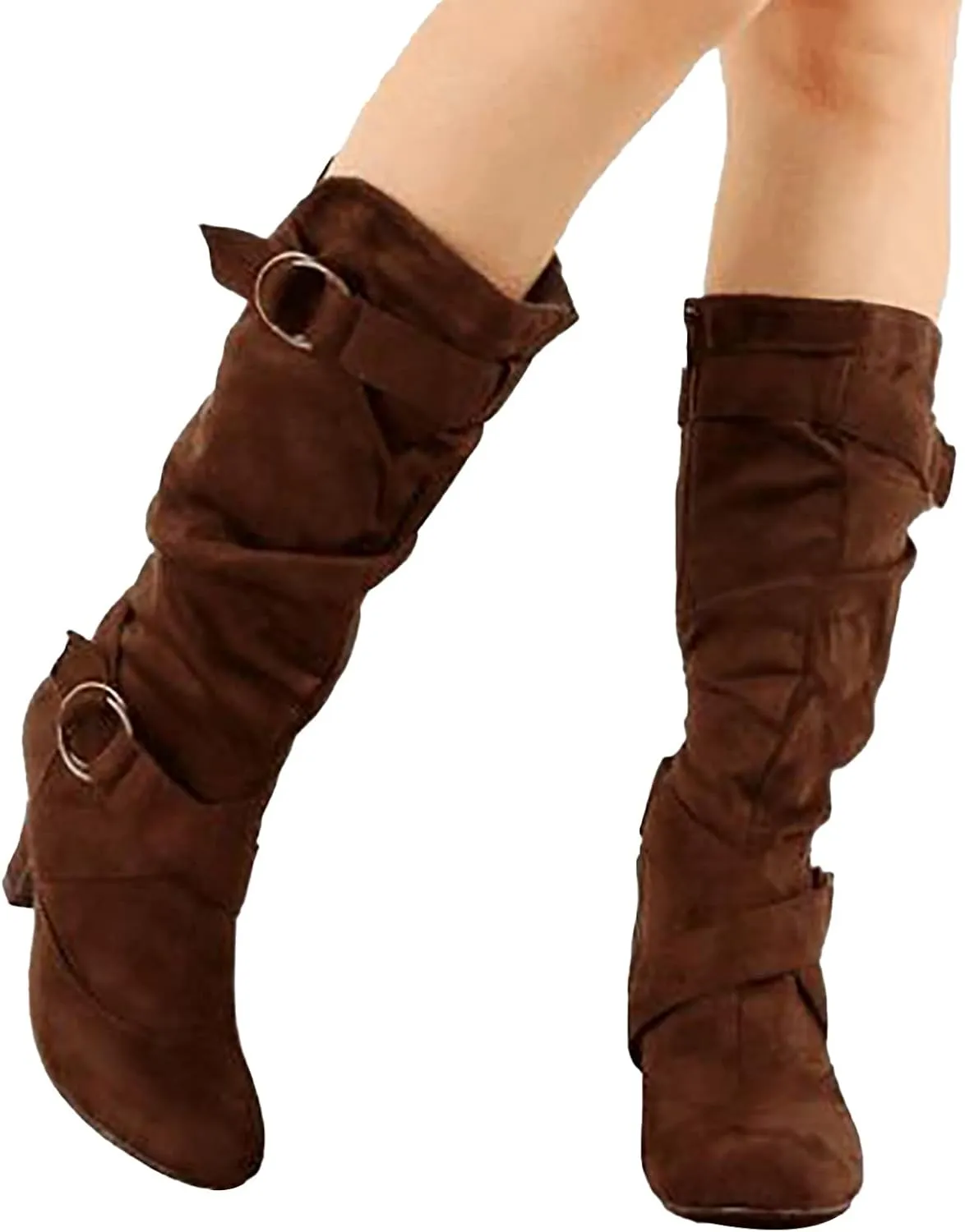 Womens High Boots,Wide Calf Boots with Adjustable Buckle Strap Stylish High Heel Slip On Boots Fashion Suede Combat Riding Boots for Women Winter Fall Party Comfy Walking High Heels