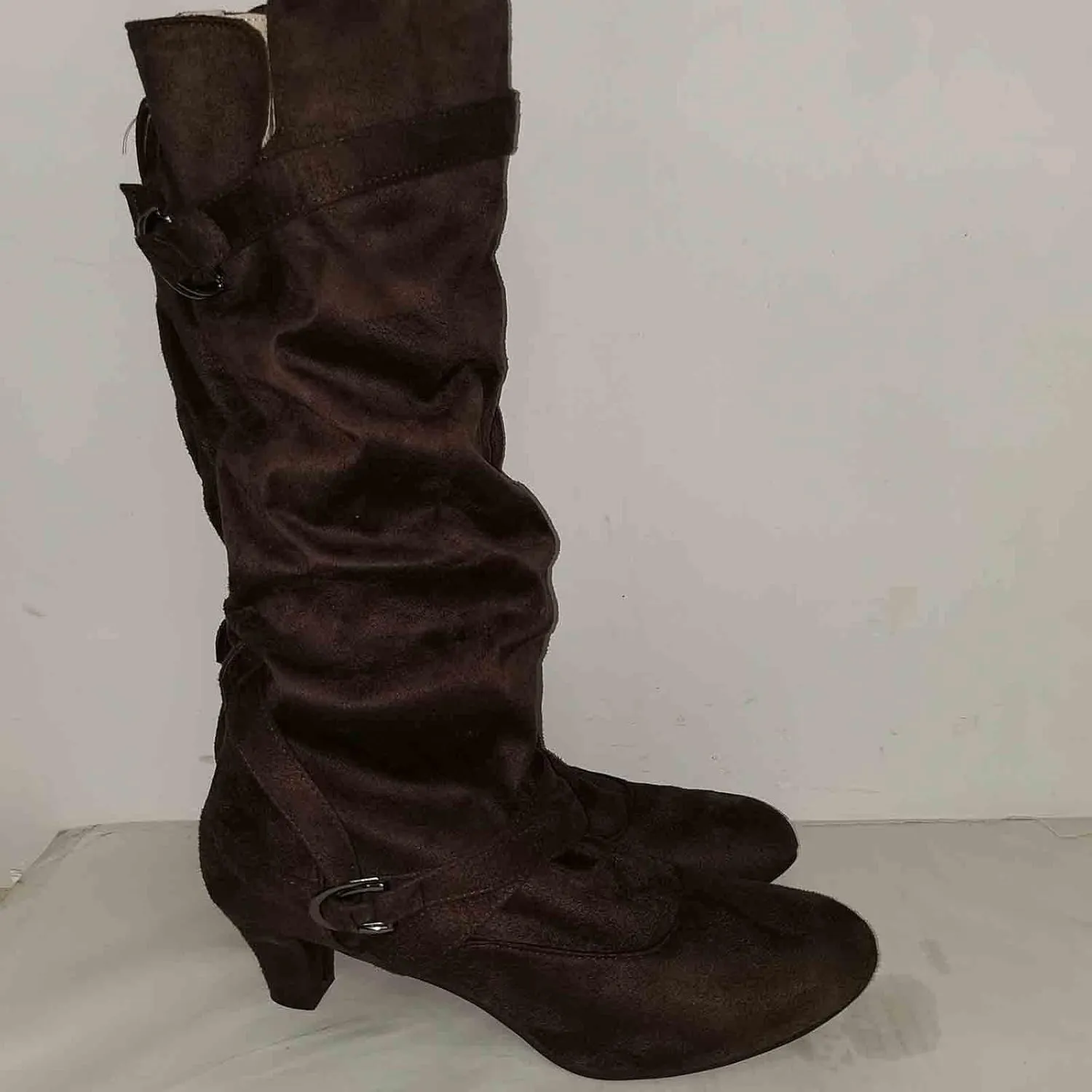 Womens High Boots,Wide Calf Boots with Adjustable Buckle Strap Stylish High Heel Slip On Boots Fashion Suede Combat Riding Boots for Women Winter Fall Party Comfy Walking High Heels