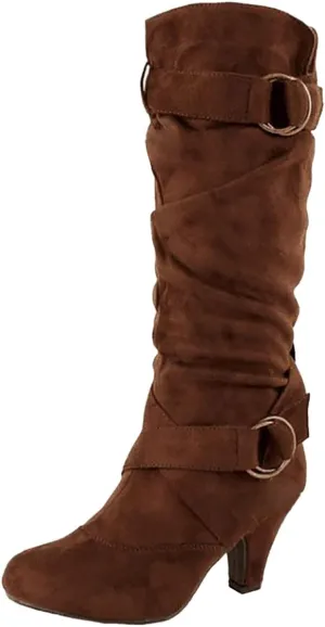 Womens High Boots,Wide Calf Boots with Adjustable Buckle Strap Stylish High Heel Slip On Boots Fashion Suede Combat Riding Boots for Women Winter Fall Party Comfy Walking High Heels