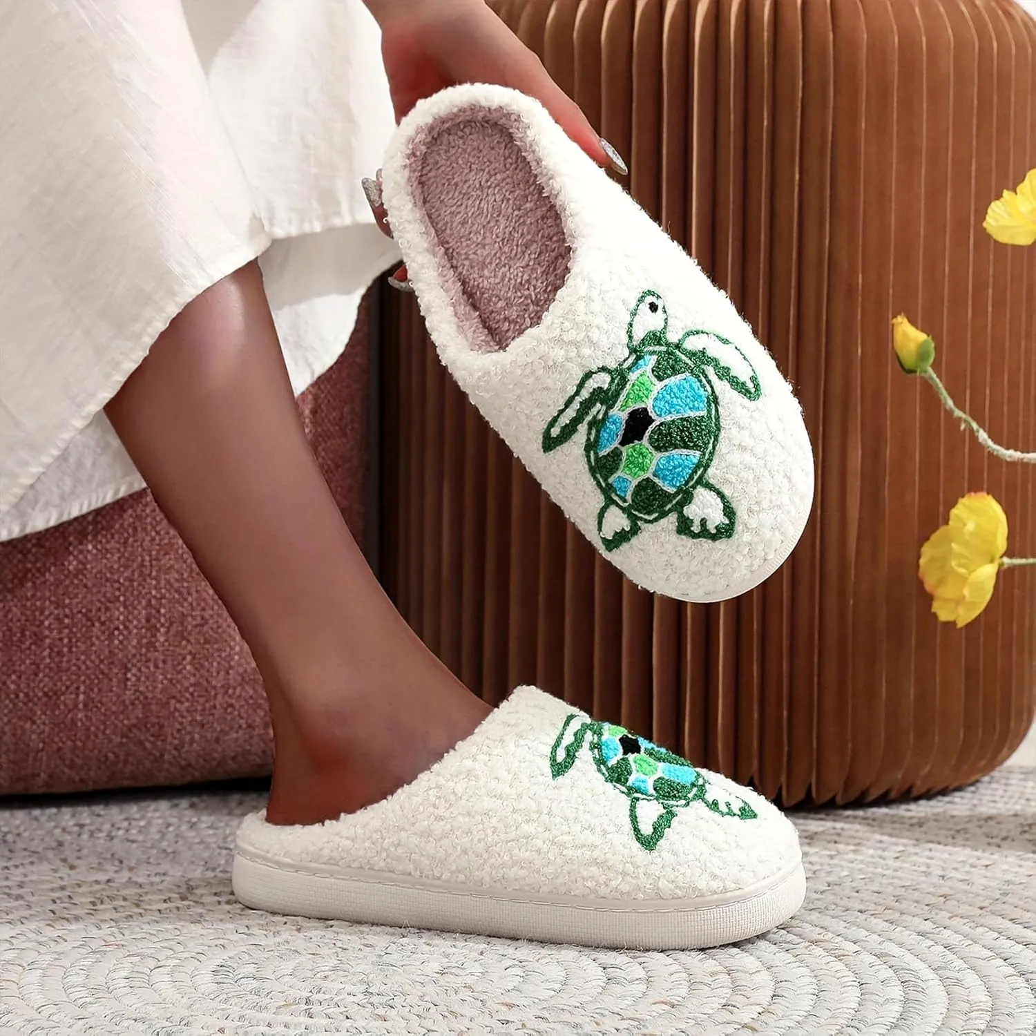 Womens Mens Plant Animal Fruit Slippers Retro Cozy Fluffy Plush Slipper Embroidered printing Warm Memory Foam Indoor Outdoor House Shoes