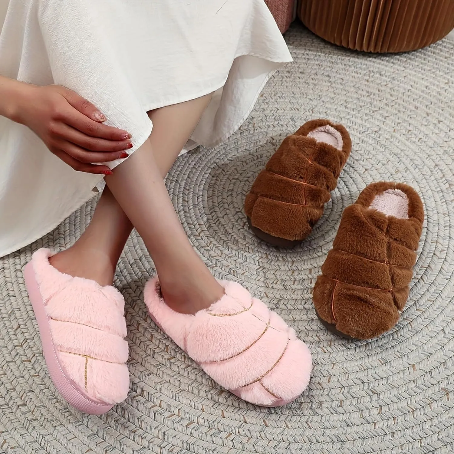 Womens Mens Solid Color Slippers Memory Foam Plush Concha Slippers Lining Warm Soft Cozy Home Slipper Outdoor Indoor House Shoes