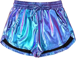 Women's Metallic Shorts Yoga Shiny Sparkly Hot Drawstring Outfit Short Pants