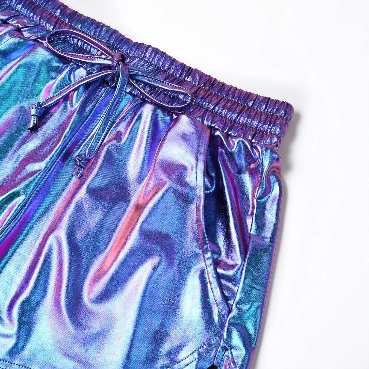 Women's Metallic Shorts Yoga Shiny Sparkly Hot Drawstring Outfit Short Pants
