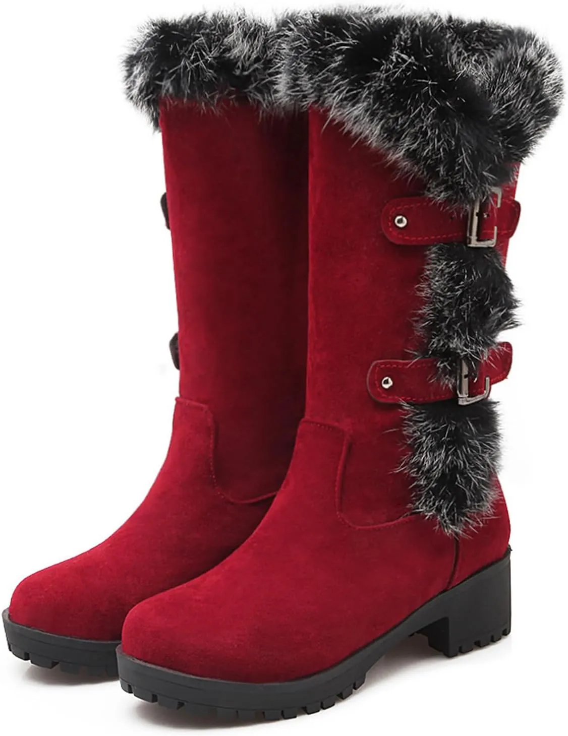 Women's Mid-Calf Winter Platform Hidden Wedge Boots Slip-on Thick Rabbit Fur Collar Warm Waterproof Stretch Leather Non-slip Snow Boot