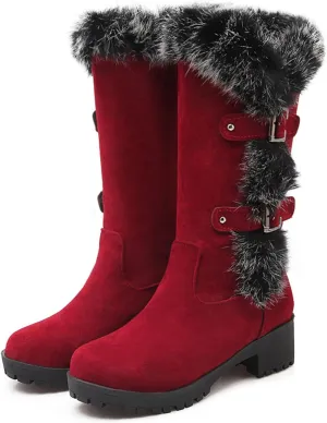 Women's Mid-Calf Winter Platform Hidden Wedge Boots Slip-on Thick Rabbit Fur Collar Warm Waterproof Stretch Leather Non-slip Snow Boot