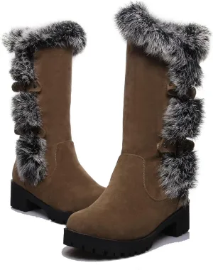 Women's Mid-Calf Winter Platform Hidden Wedge Boots Slip-on Thick Rabbit Fur Collar Warm Waterproof Stretch Leather Non-slip Snow Boot