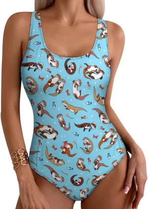 Womens One Piece Swimsuits Cute Tiger Checkered Tummy Control Bathing Suits Wireless Racerback Padded Swimwear