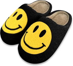 Women's Retro Smile Face Slippers, Soft Plush, Anti-Skid Sole, White, Size US 5-11/EU 36-43