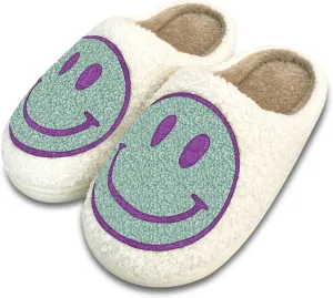 Women's Retro Smile Face Slippers, Soft Plush, Anti-Skid Sole, White, Size US 5-11/EU 36-43