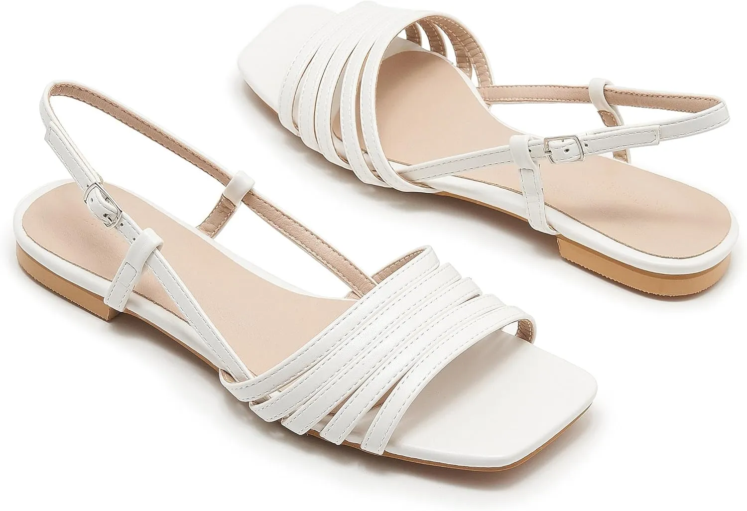 Women's Slingback Flats Sandals Open Square Toe Adjustable Ankle Strap Gladiator Flat-Sandal Summer Dresssy Cute Low Heel Shoes